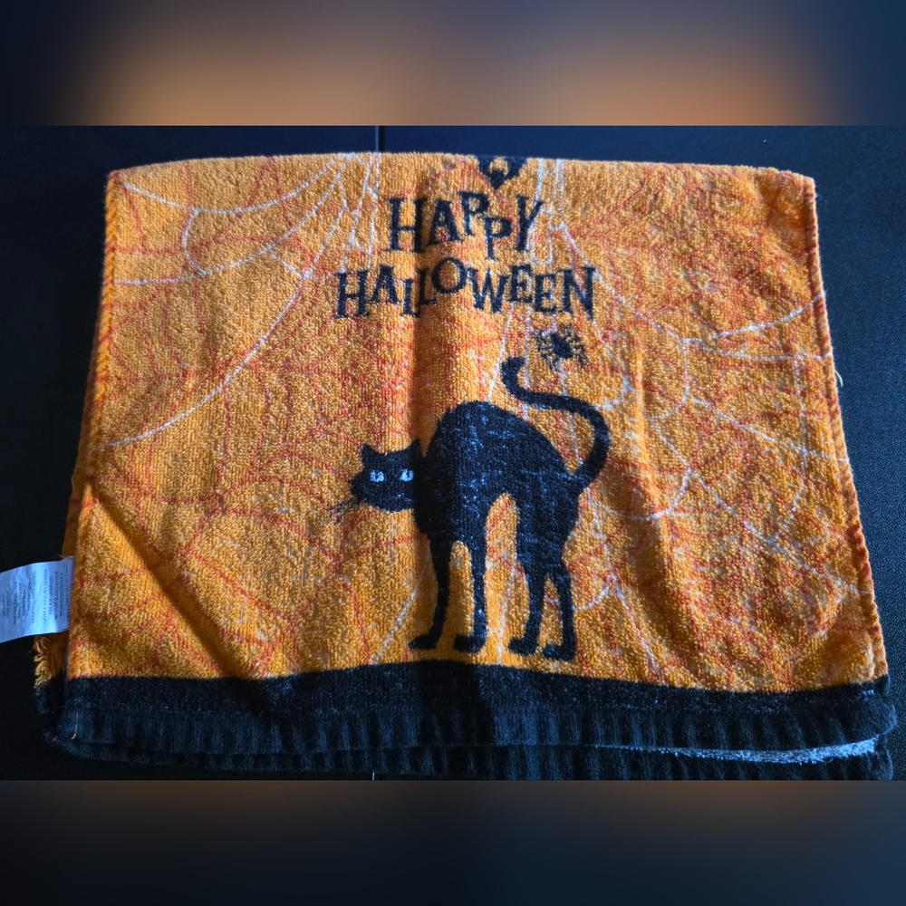 Gently Used Halloween kitchen decorations,  4 cloth placemats and two towels.